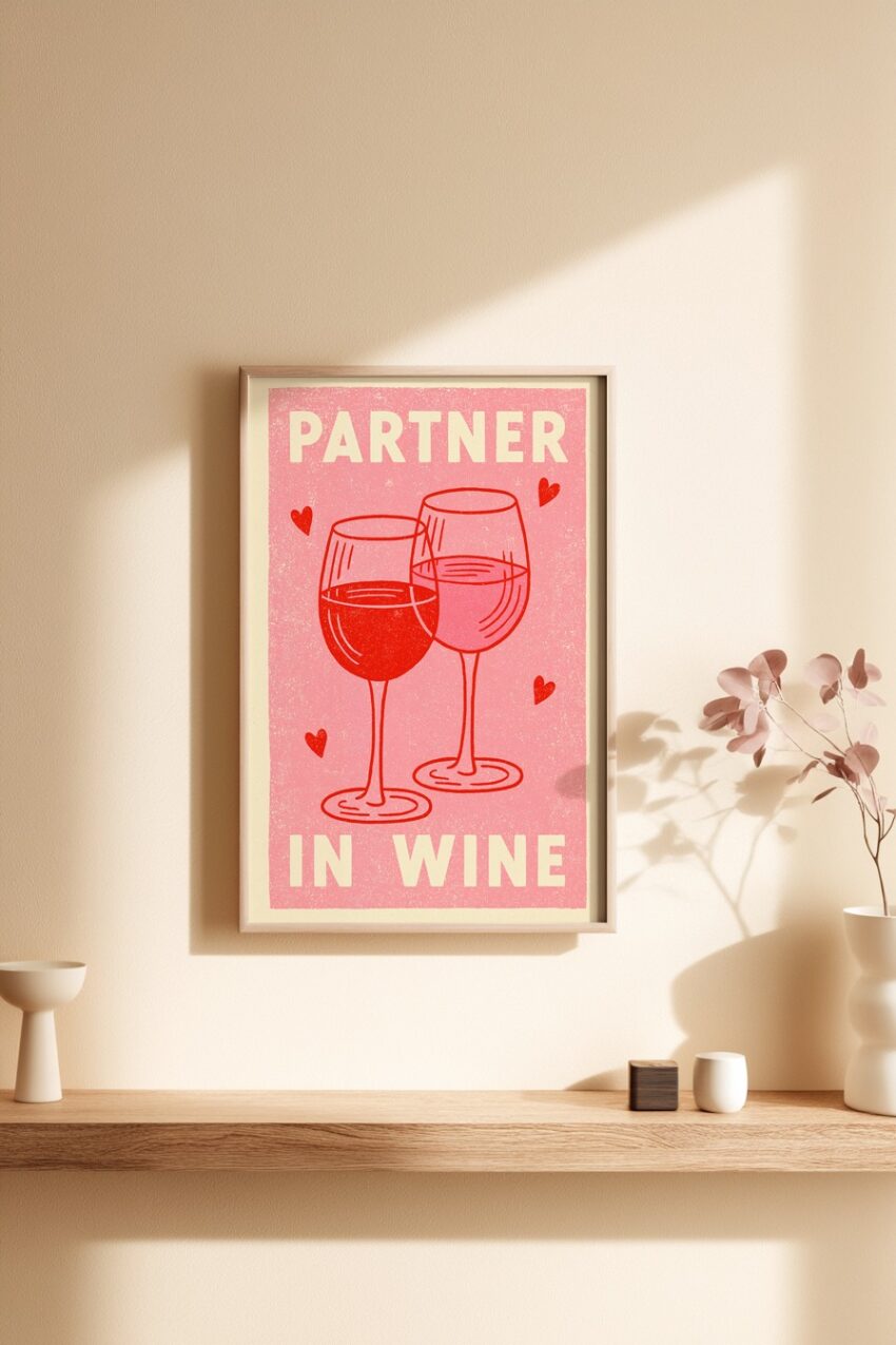 Illustration Poster Weingläser Herz rot rosa minimal