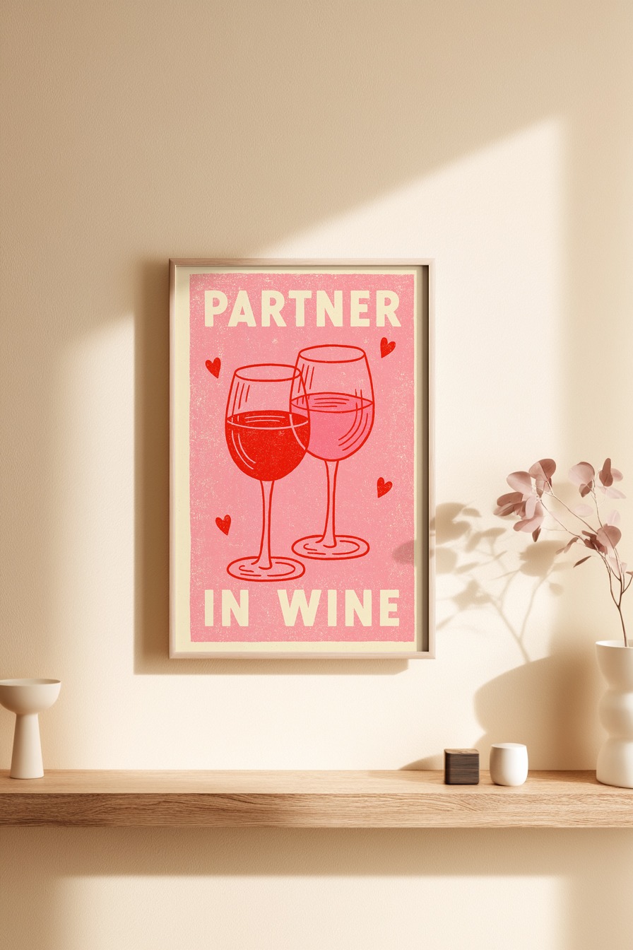 Illustration Poster Weingläser Herz rot rosa minimal