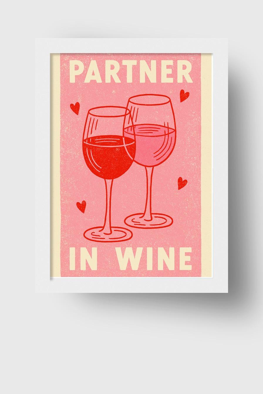 Illustration Poster Weingläser Herz rot rosa minimal