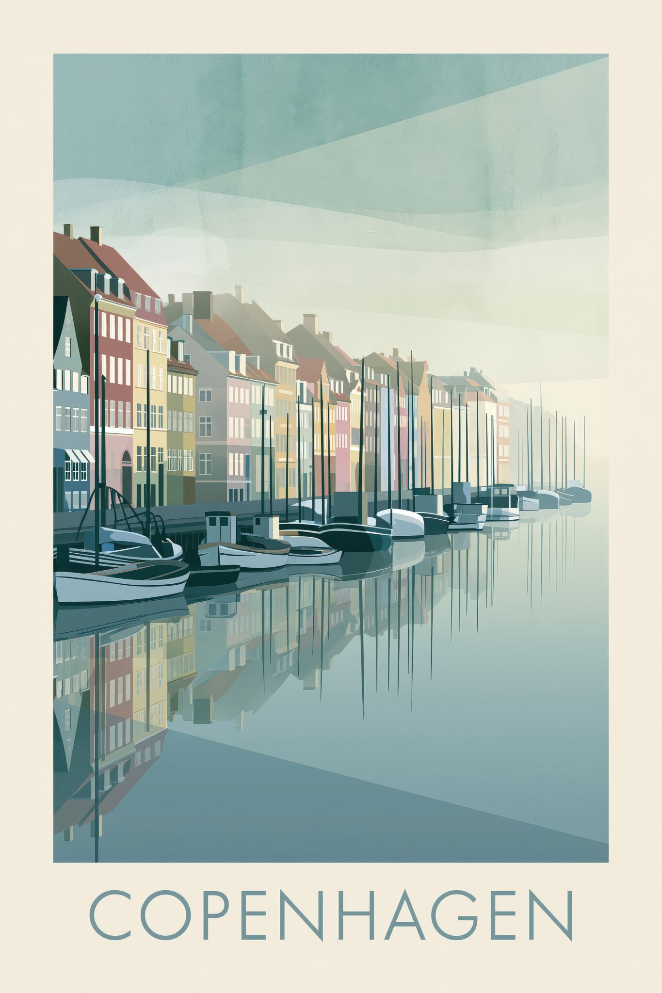 Grafik Poster Hafenboote Spiegelung kühl blau