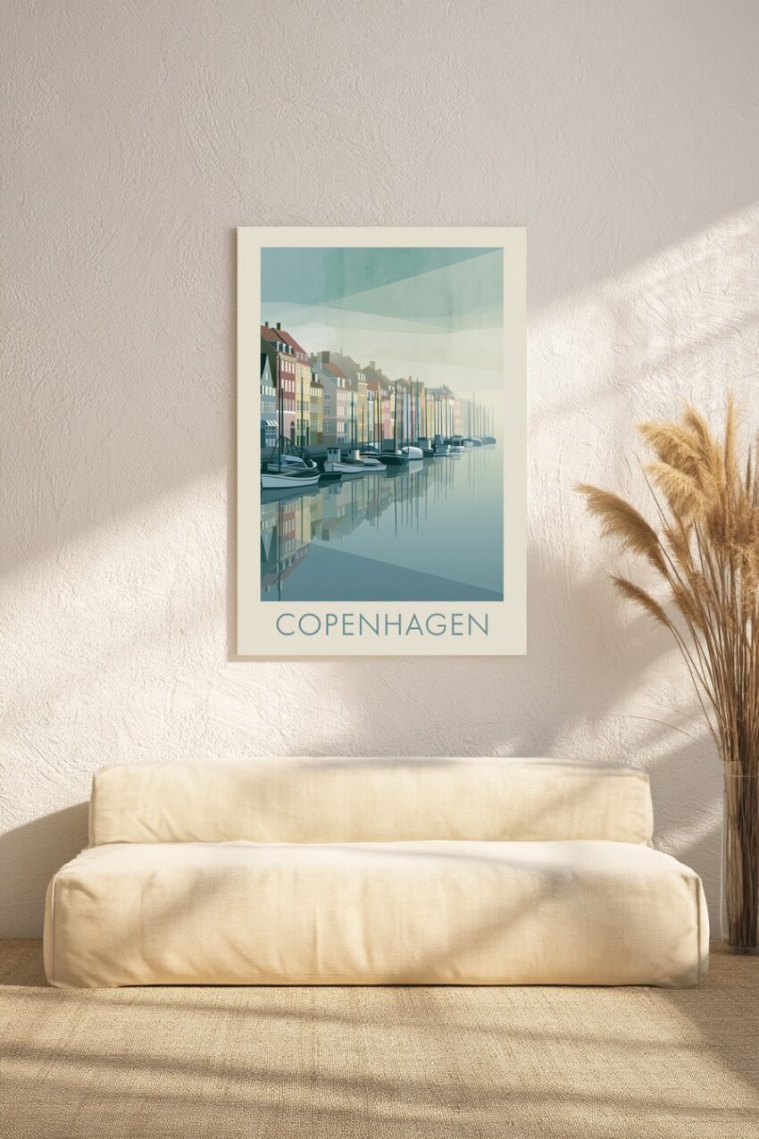 Grafik Poster Hafenboote Spiegelung kühl blau