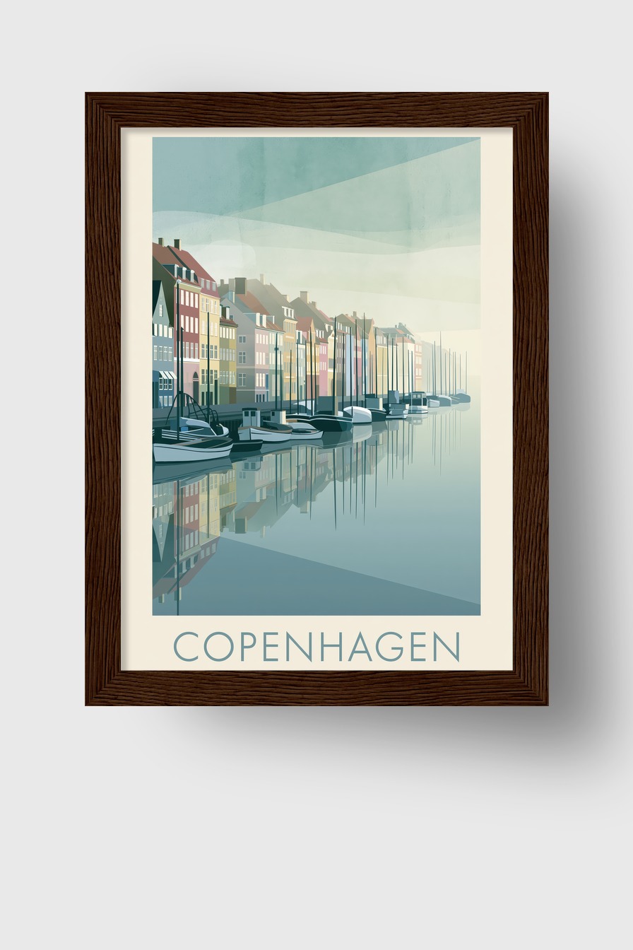 Grafik Poster Hafenboote Spiegelung kühl blau