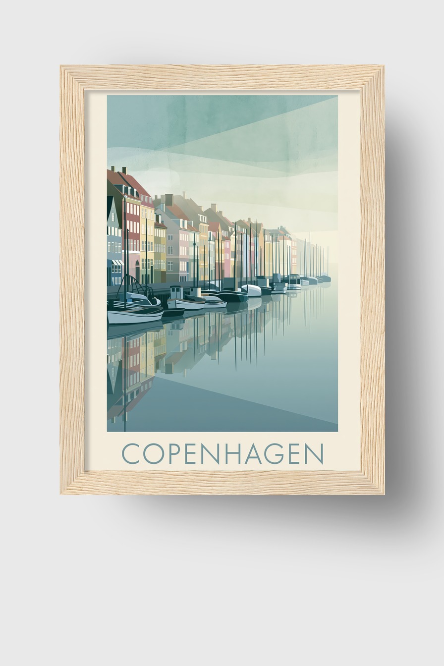 Grafik Poster Hafenboote Spiegelung kühl blau