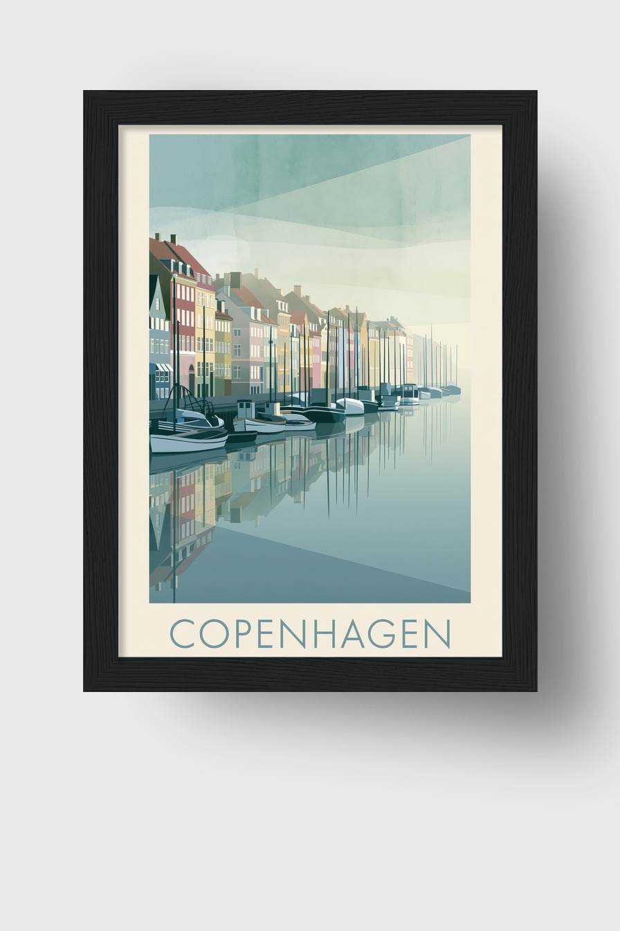 Grafik Poster Hafenboote Spiegelung kühl blau