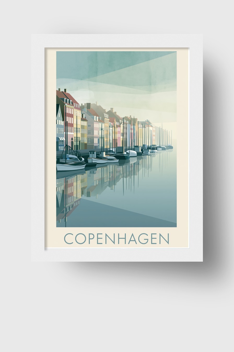 Grafik Poster Hafenboote Spiegelung kühl blau