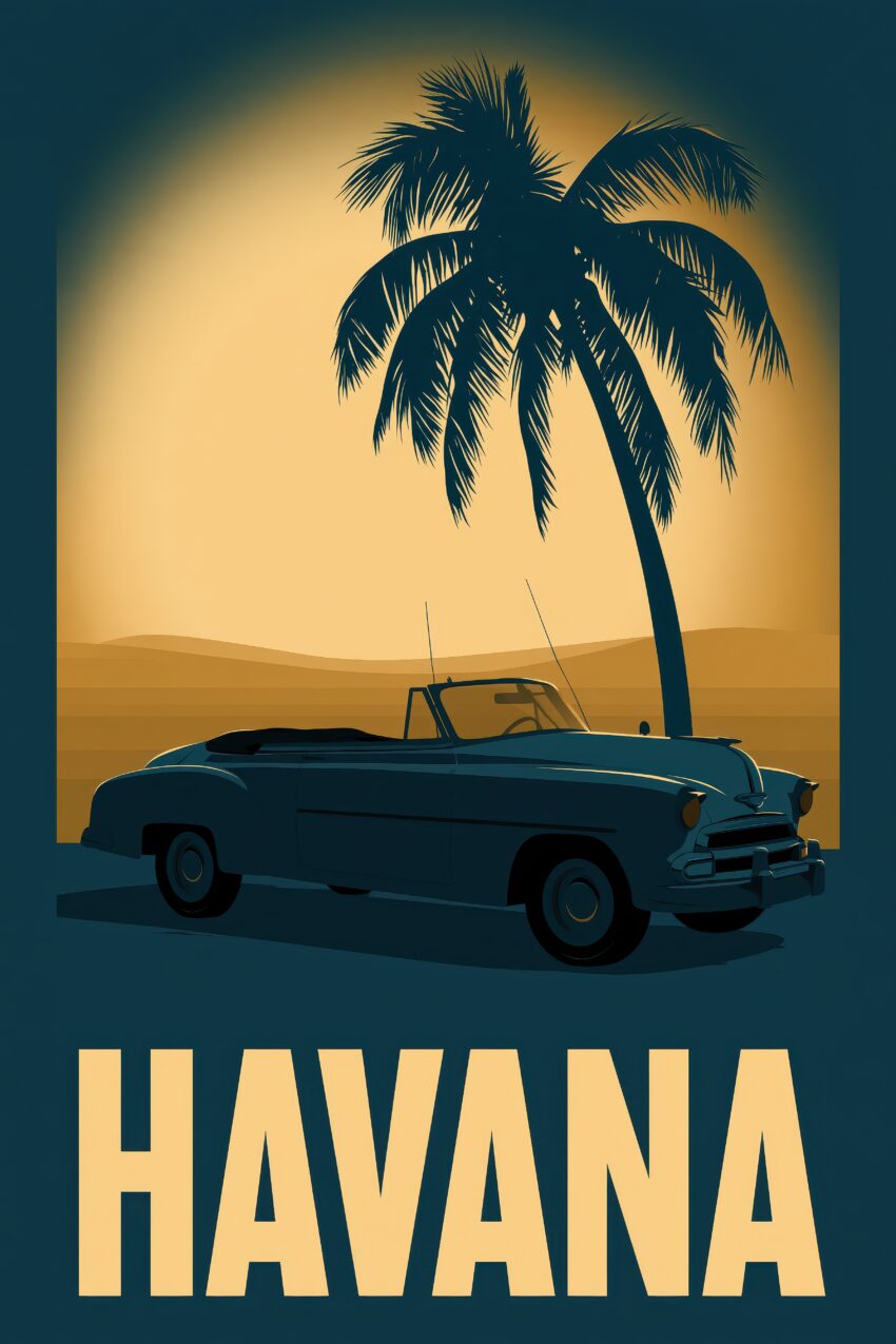 Grafik Poster Oldtimer Palme Vintage Blau Gelb