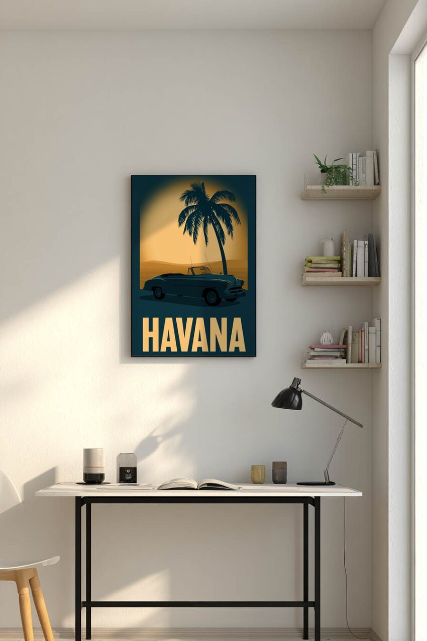 Grafik Poster Oldtimer Palme Vintage Blau Gelb