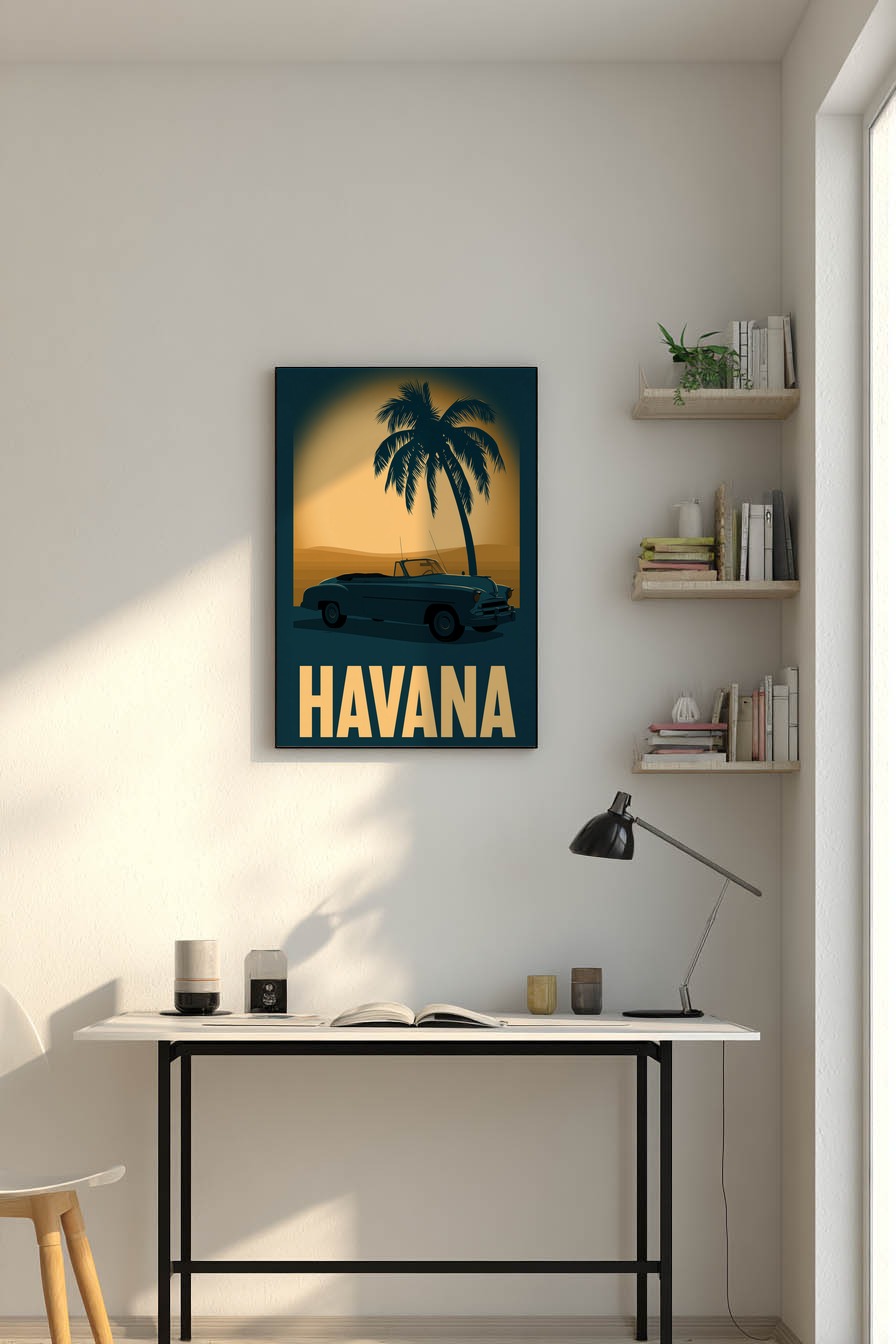 Grafik Poster Oldtimer Palme Vintage Blau Gelb