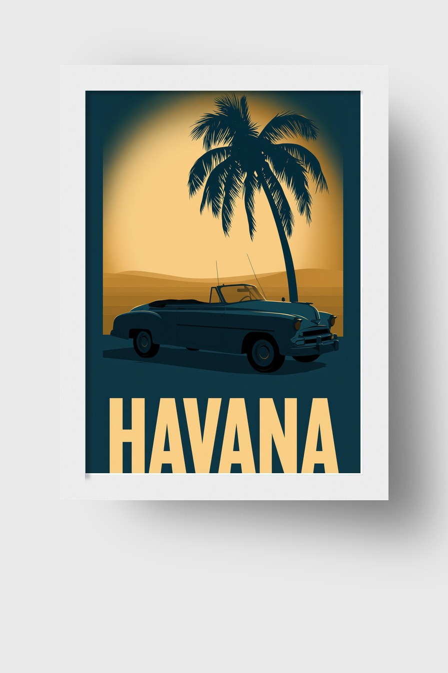Grafik Poster Oldtimer Palme Vintage Blau Gelb