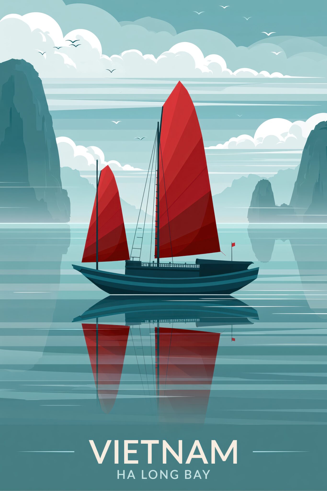 Illustration Poster Segelschiff rot Spiegelung Wasser