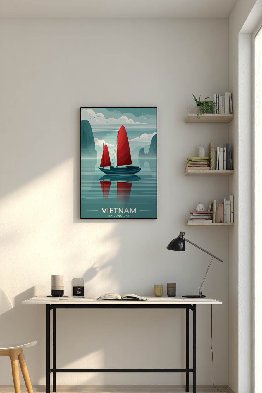 Illustration Poster Segelschiff rot Spiegelung Wasser