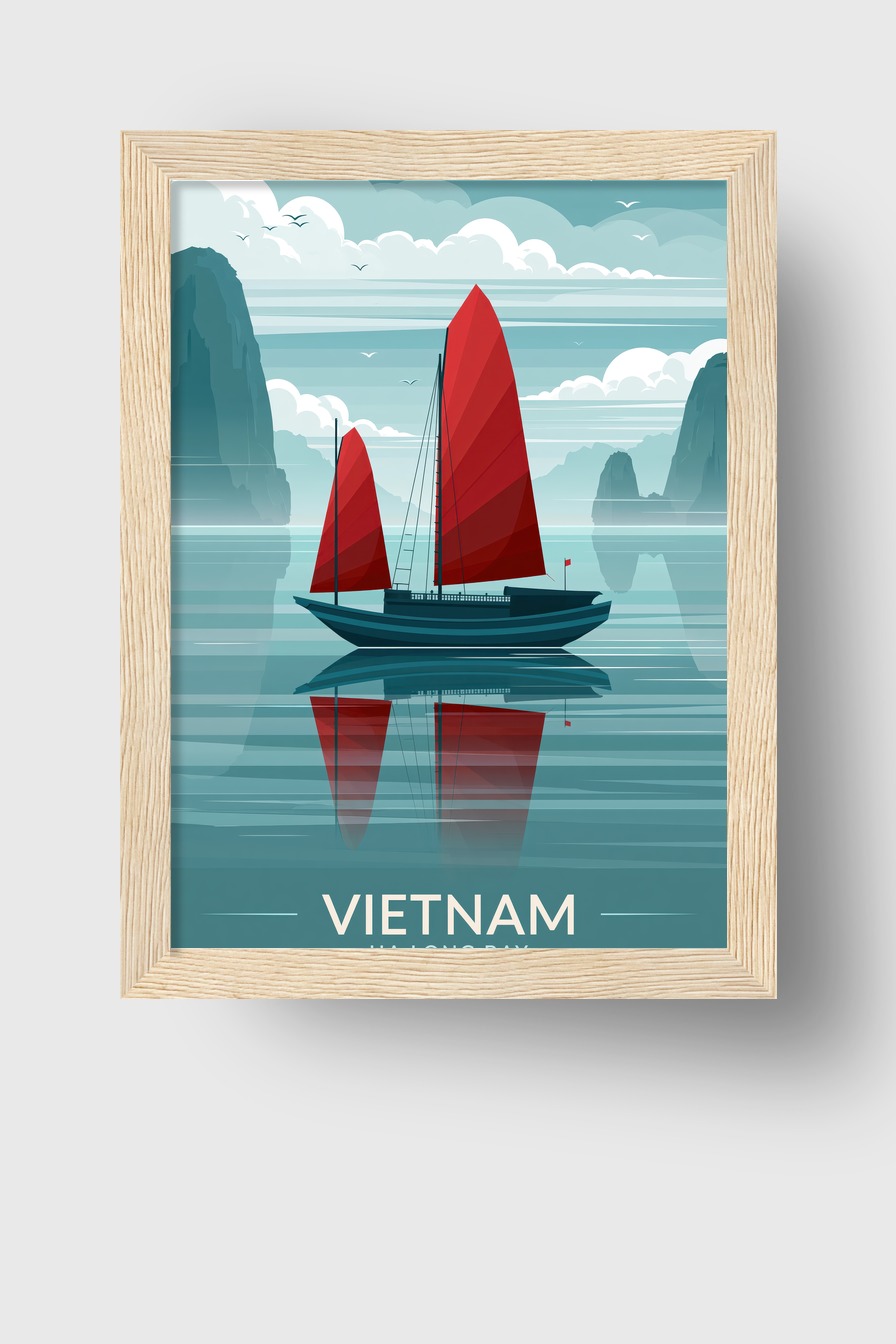 Illustration Poster Segelschiff rot Spiegelung Wasser