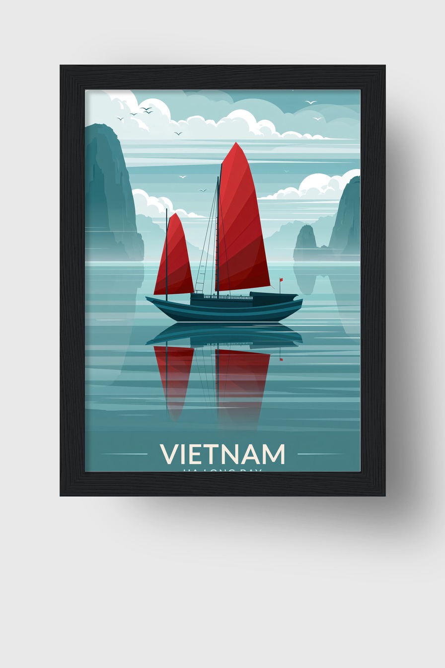 Illustration Poster Segelschiff rot Spiegelung Wasser