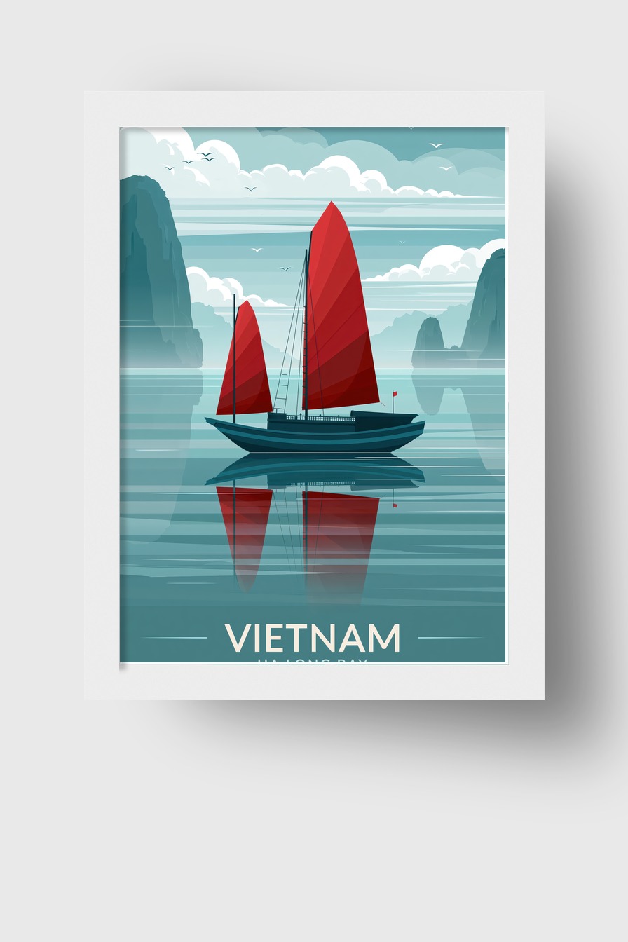 Illustration Poster Segelschiff rot Spiegelung Wasser