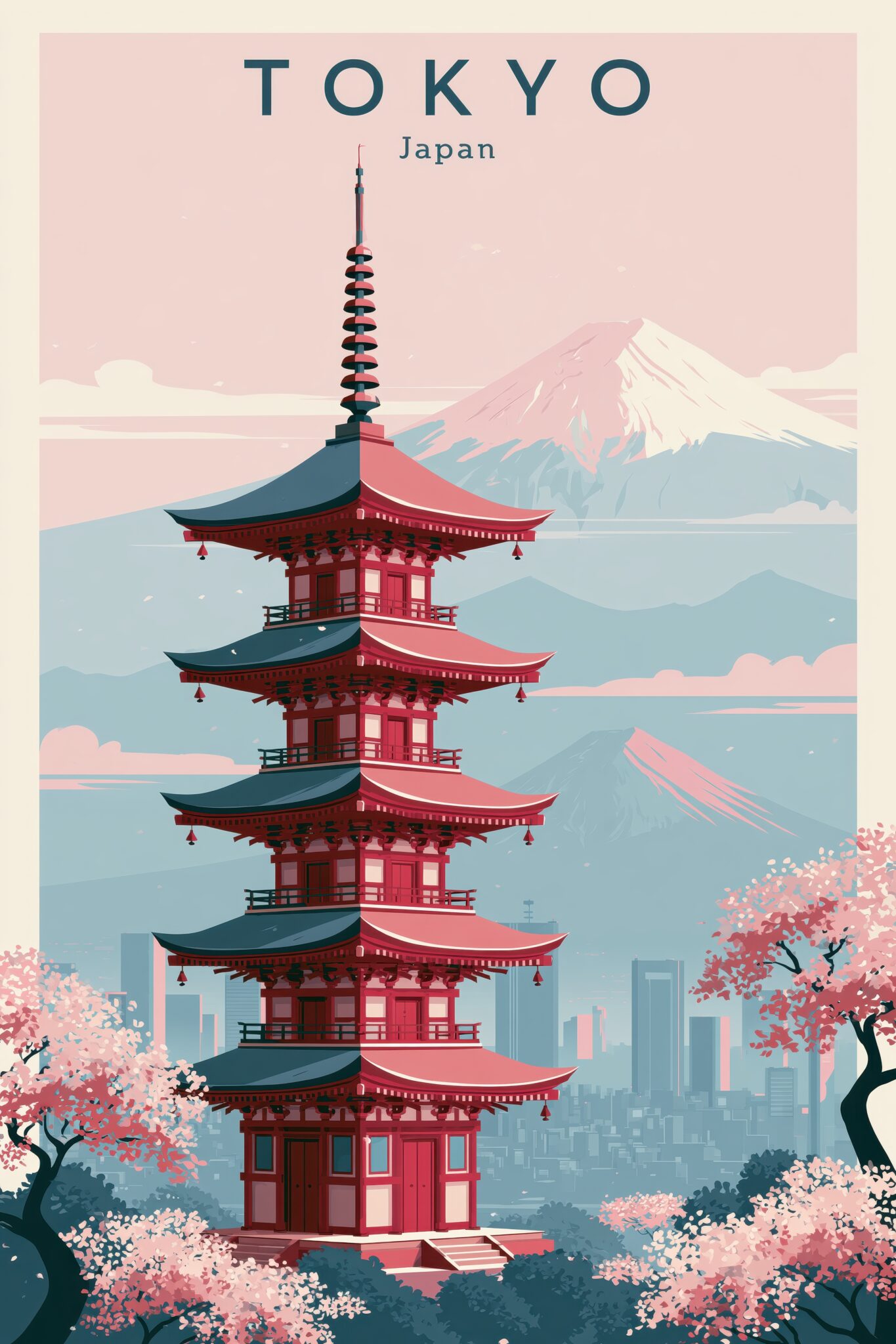 Illustration Poster Pagode Japanisch Sakura Blüten rot