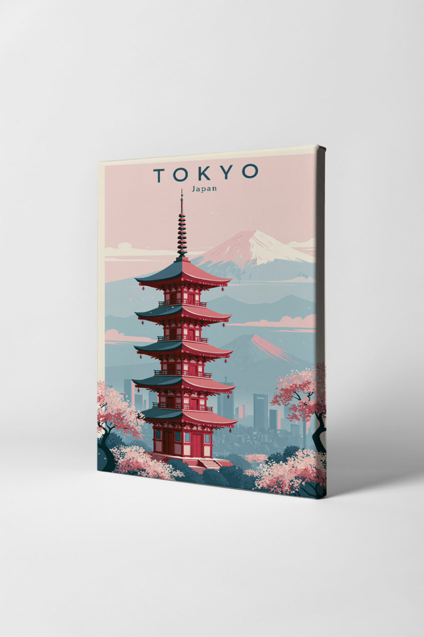 Illustration Poster Pagode Japanisch Sakura Blüten rot