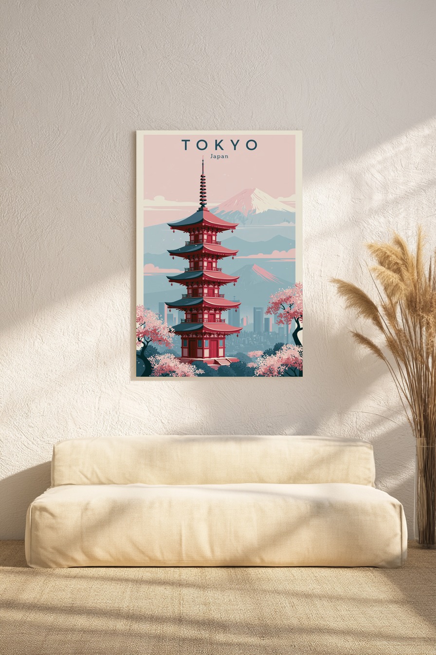 Illustration Poster Pagode Japanisch Sakura Blüten rot