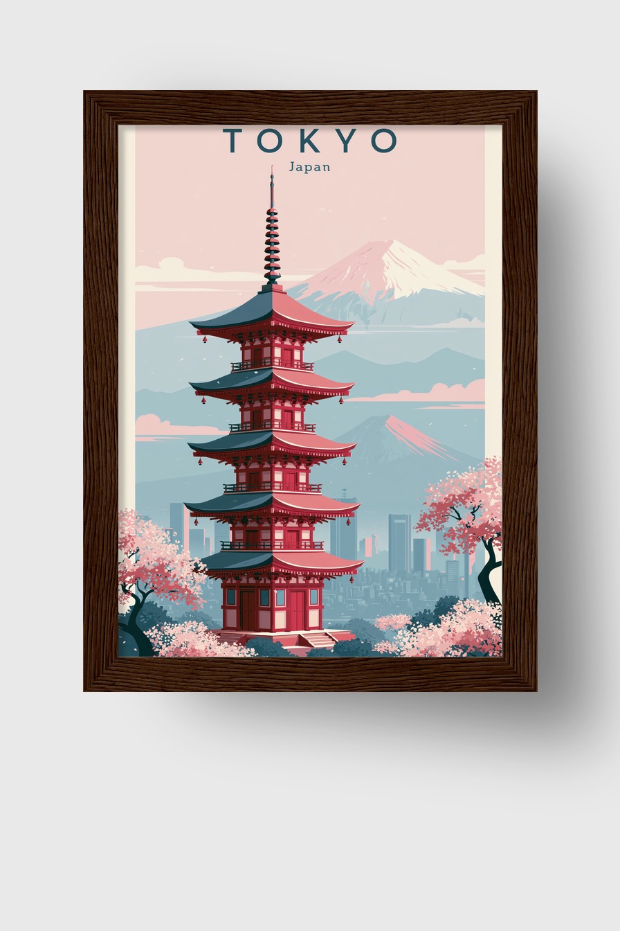 Illustration Poster Pagode Japanisch Sakura Blüten rot