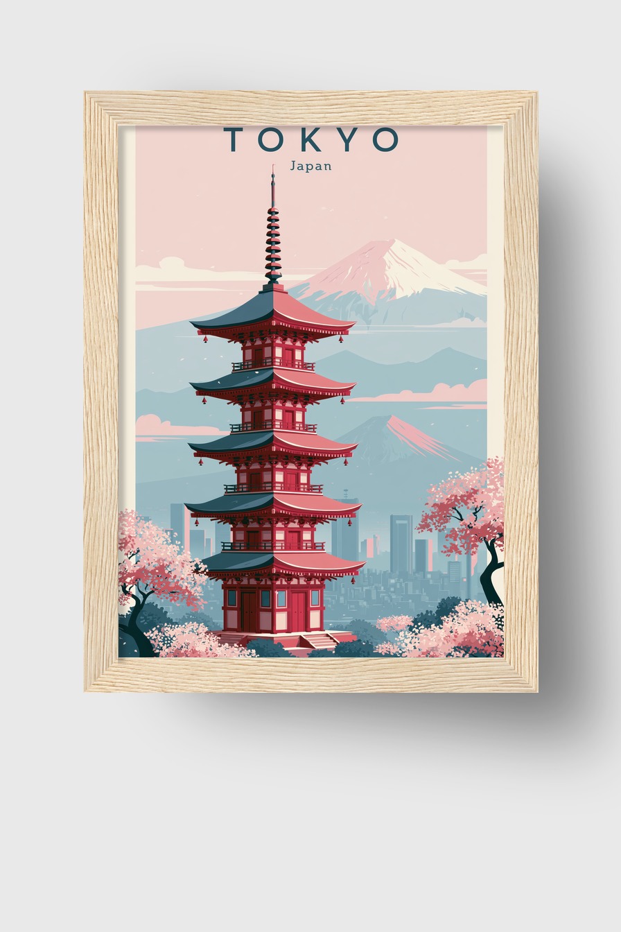 Illustration Poster Pagode Japanisch Sakura Blüten rot