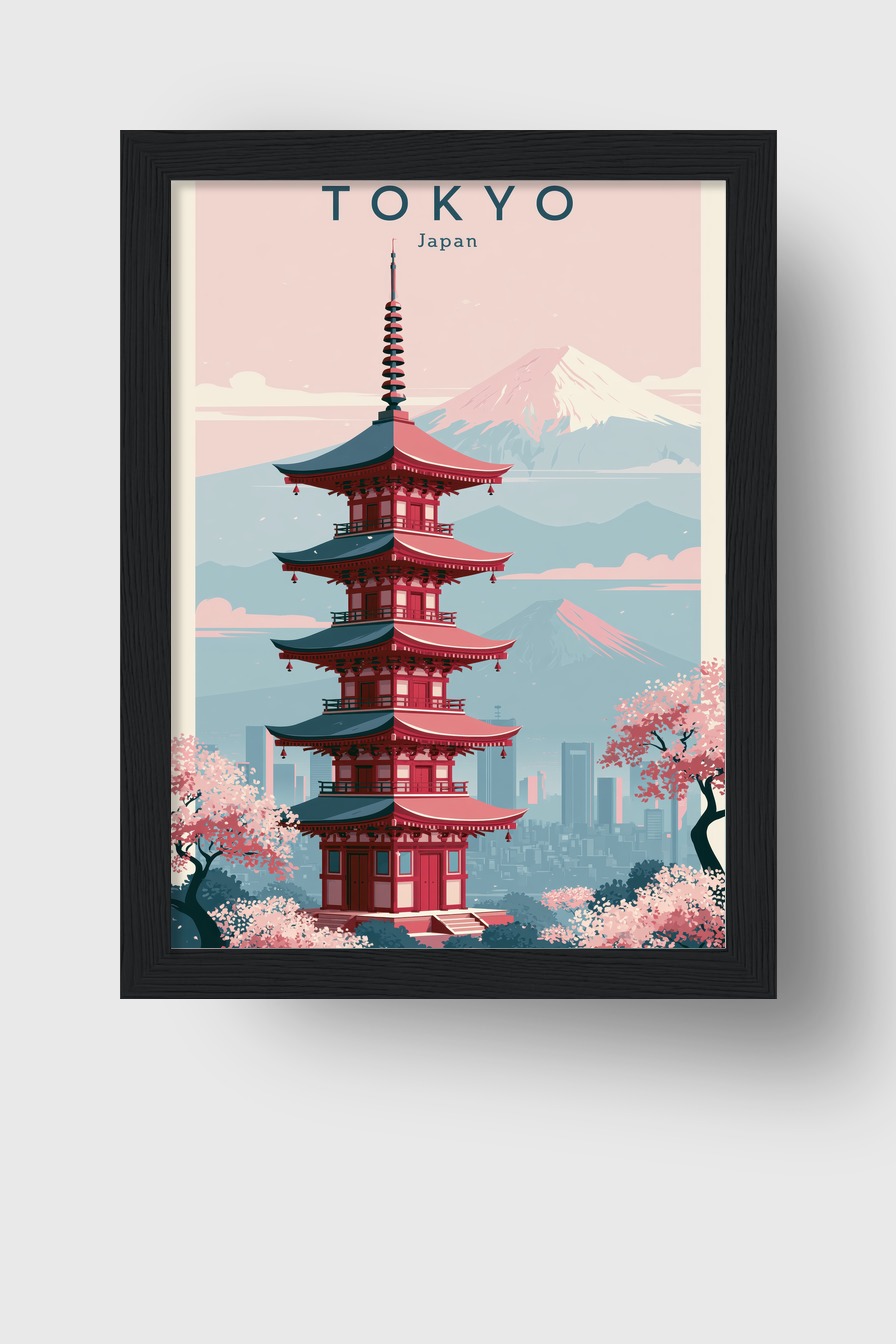 Illustration Poster Pagode Japanisch Sakura Blüten rot