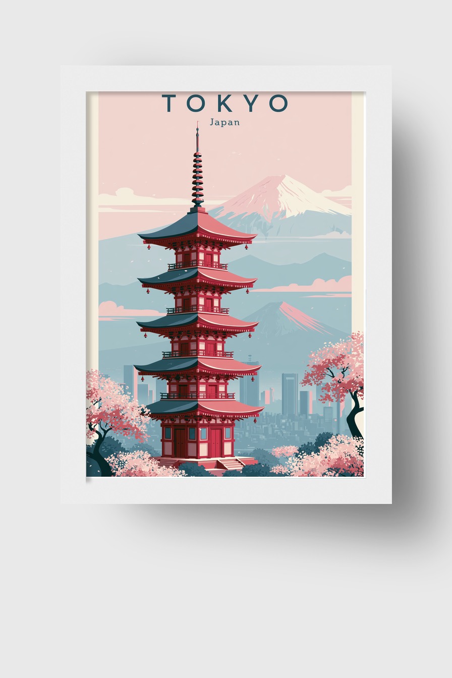 Illustration Poster Pagode Japanisch Sakura Blüten rot