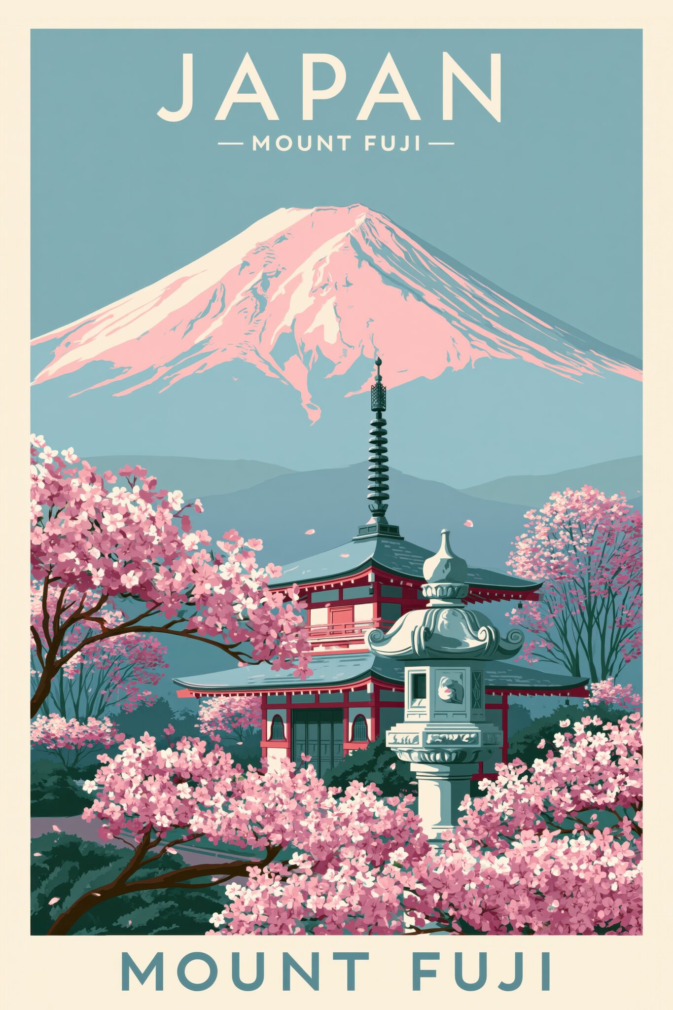 Illustration Poster Mount Fuji Kirschblüte rosa blau harmonisch