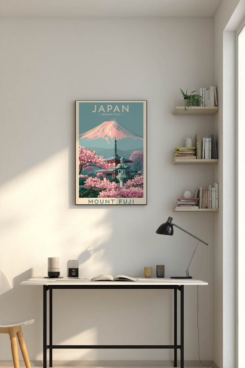 Illustration Poster Mount Fuji Kirschblüte rosa blau harmonisch
