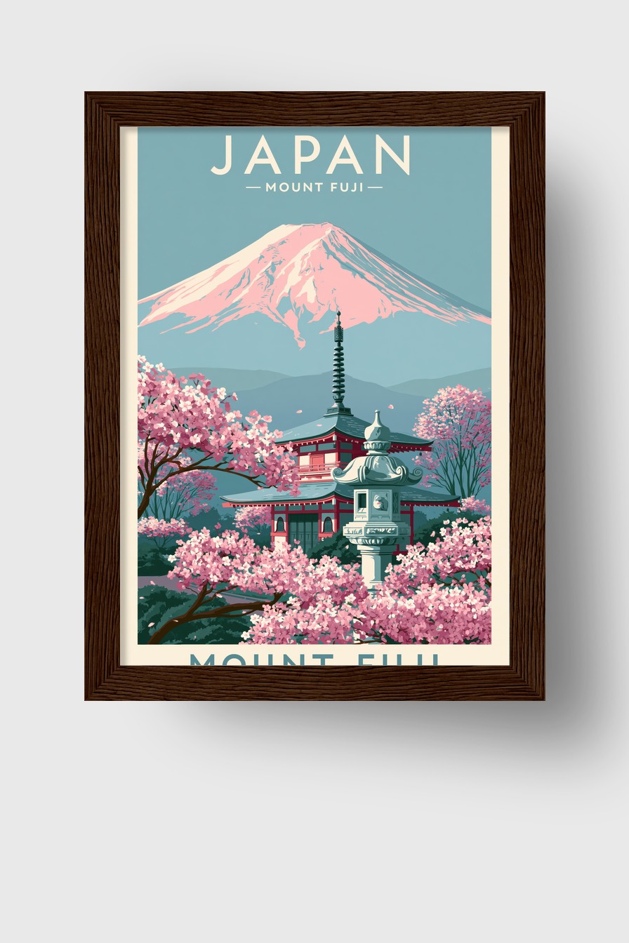 Illustration Poster Mount Fuji Kirschblüte rosa blau harmonisch