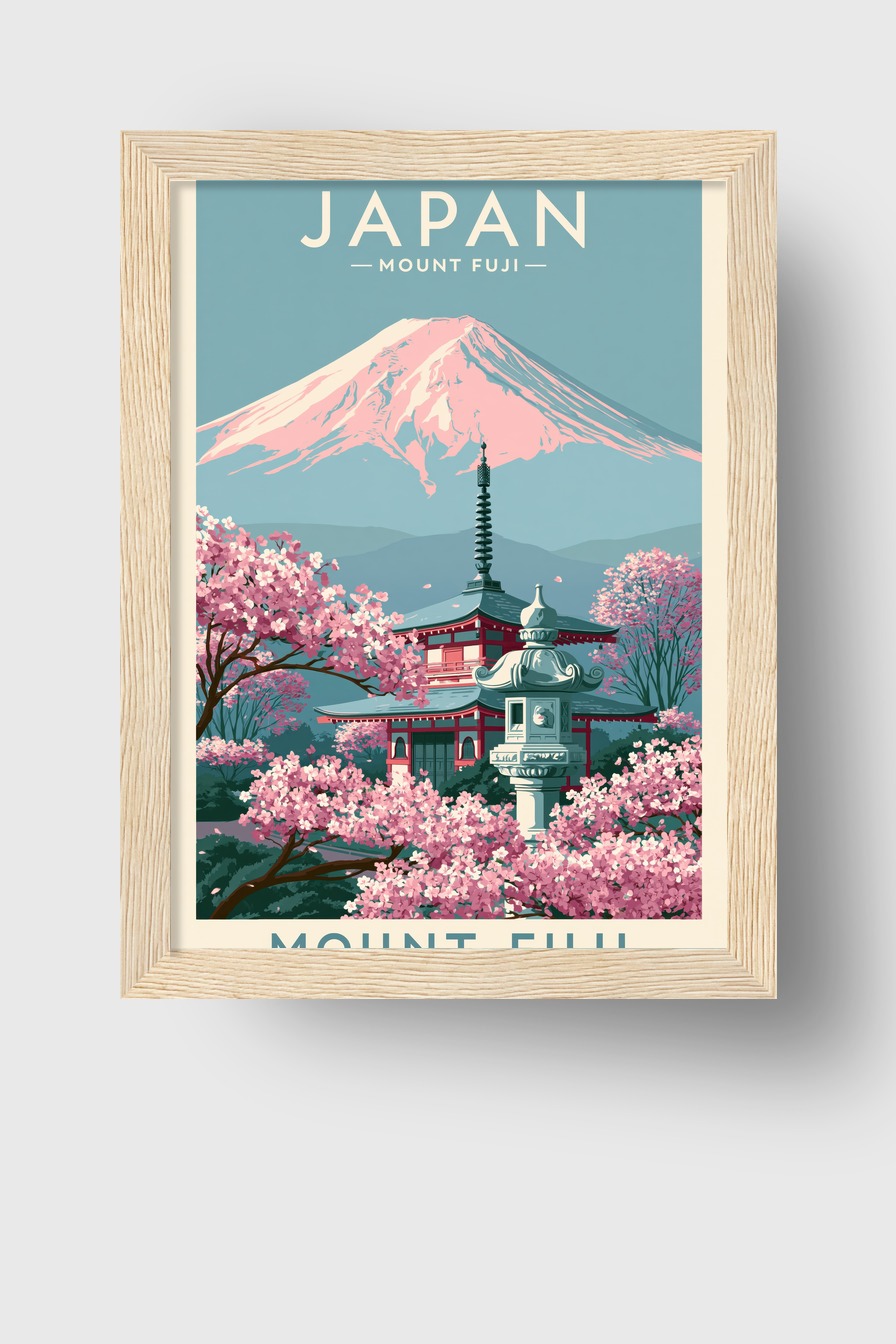 Illustration Poster Mount Fuji Kirschblüte rosa blau harmonisch
