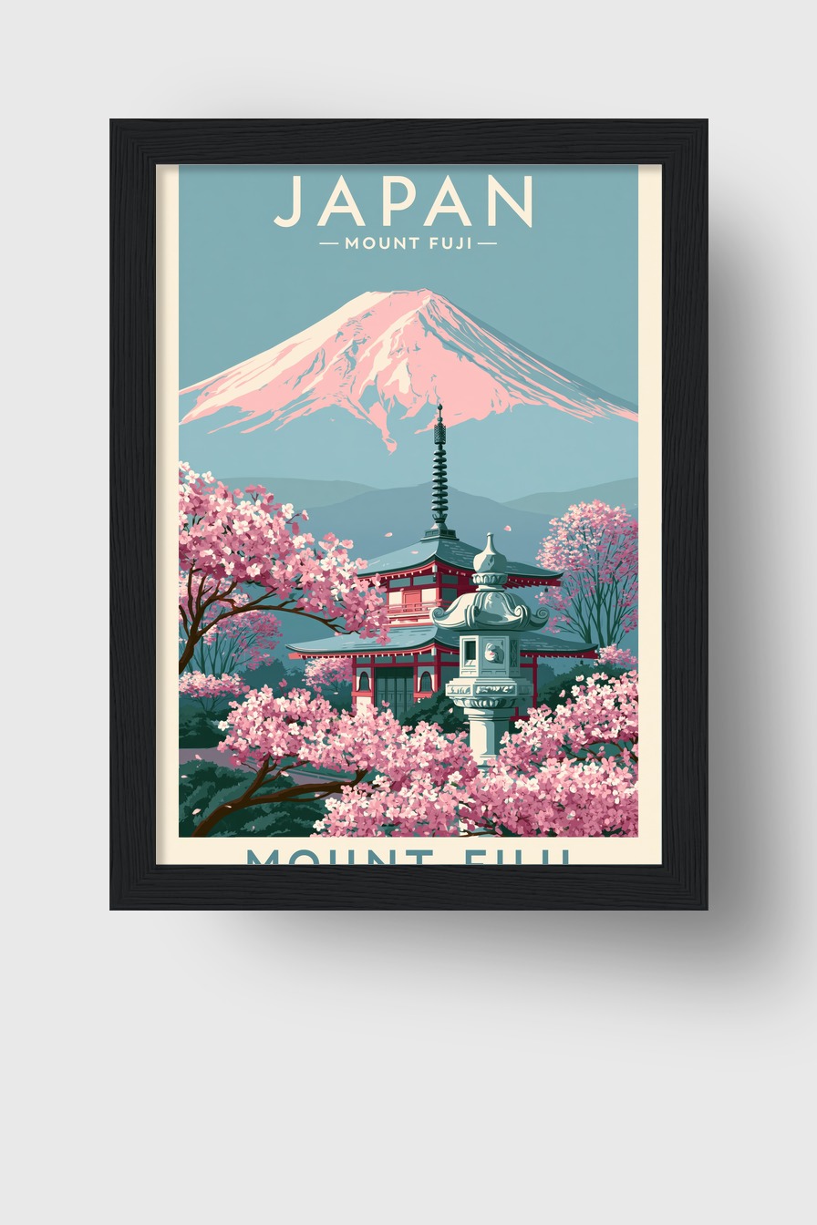 Illustration Poster Mount Fuji Kirschblüte rosa blau harmonisch