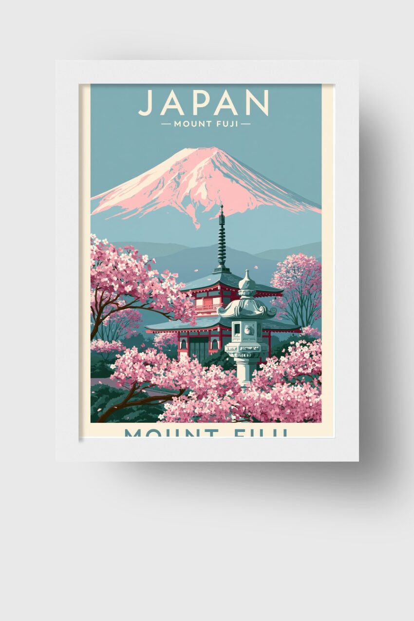 Illustration Poster Mount Fuji Kirschblüte rosa blau harmonisch