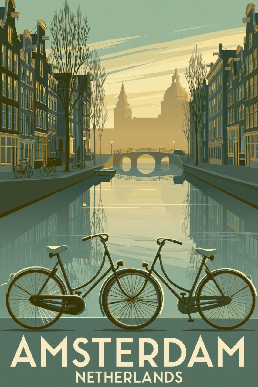 Illustration Poster Fahrräder Kanal ruhig Stadt Spiegelung Wasser