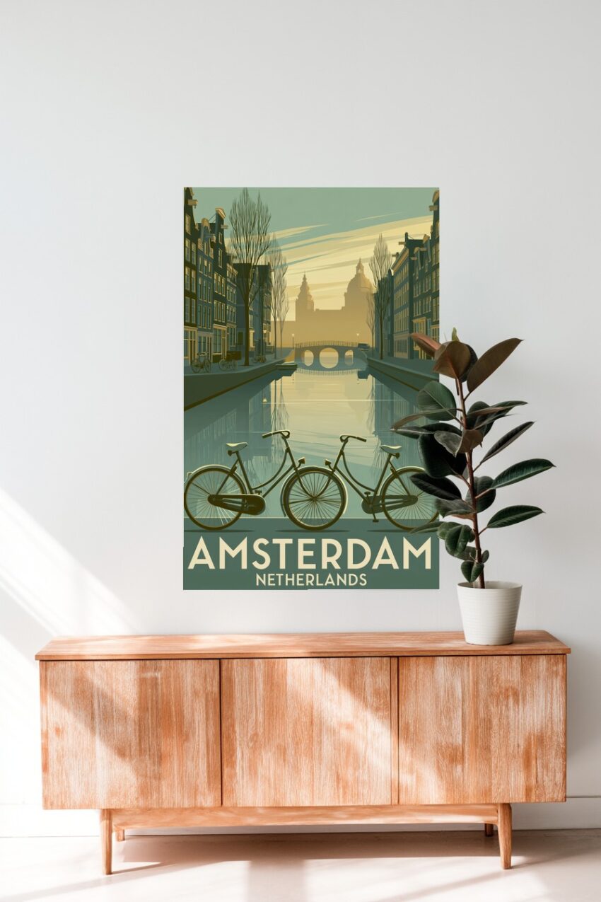 Illustration Poster Fahrräder Kanal ruhig Stadt Spiegelung Wasser