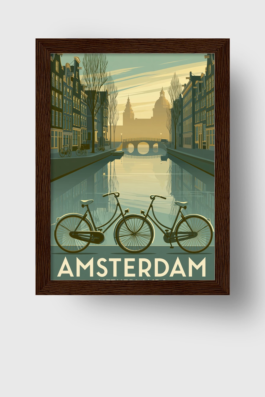 Illustration Poster Fahrräder Kanal ruhig Stadt Spiegelung Wasser