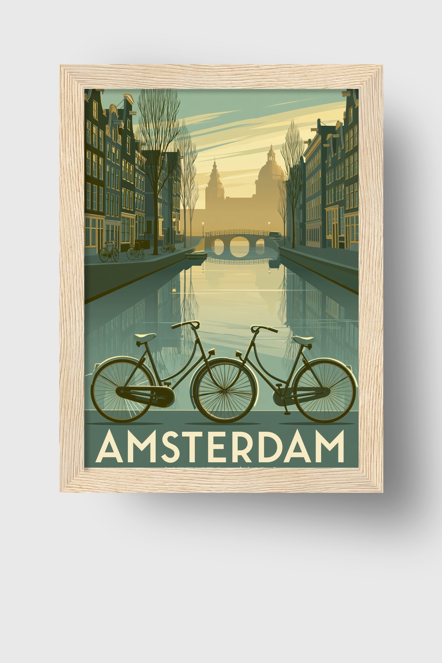 Illustration Poster Fahrräder Kanal ruhig Stadt Spiegelung Wasser