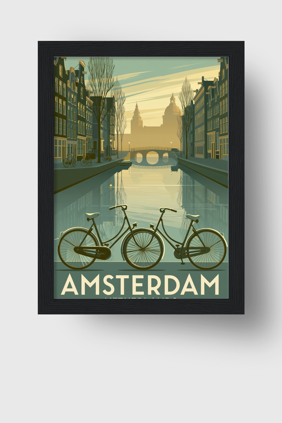 Illustration Poster Fahrräder Kanal ruhig Stadt Spiegelung Wasser