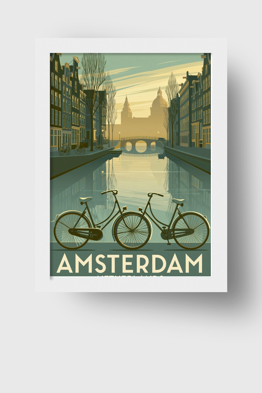 Illustration Poster Fahrräder Kanal ruhig Stadt Spiegelung Wasser