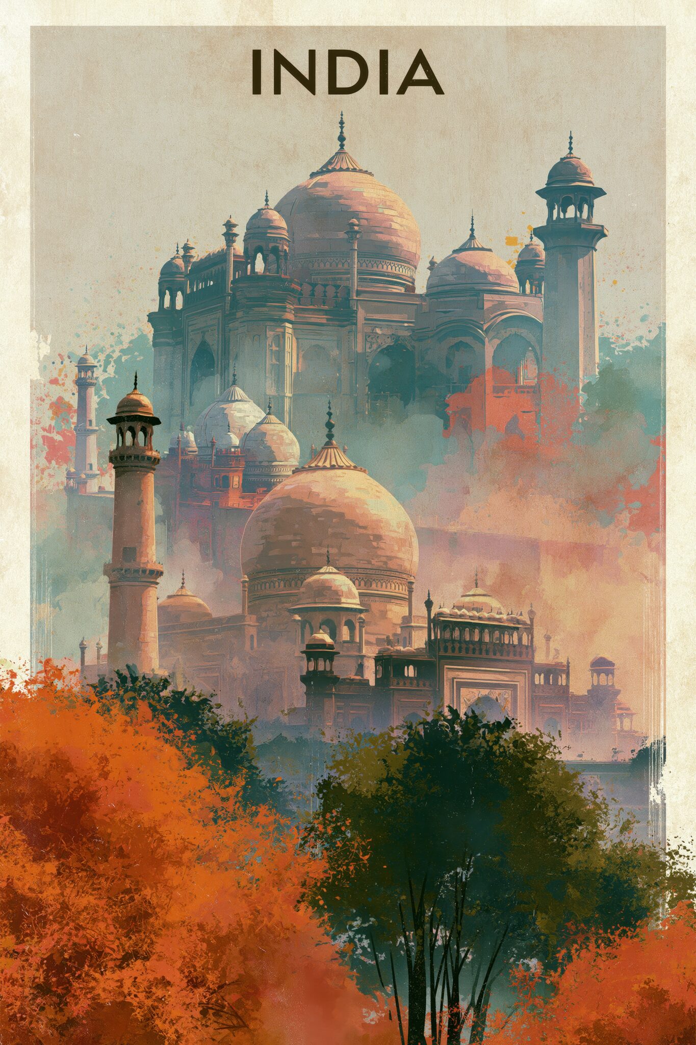 Illustration Poster Taj Mahal Kuppeln Herbstfarben orange grün