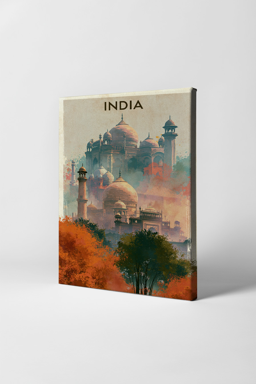 Illustration Poster Taj Mahal Kuppeln Herbstfarben orange grün