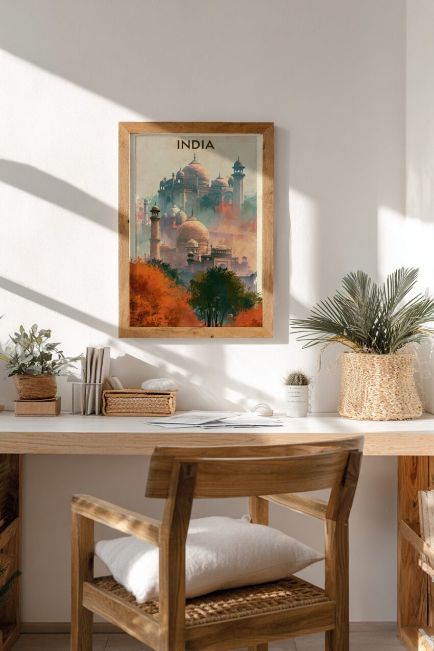 Illustration Poster Taj Mahal Kuppeln Herbstfarben orange grün