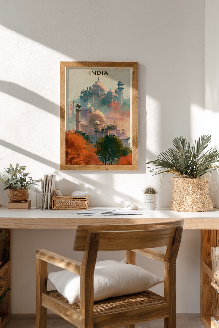 Illustration Poster Taj Mahal Kuppeln Herbstfarben orange grün