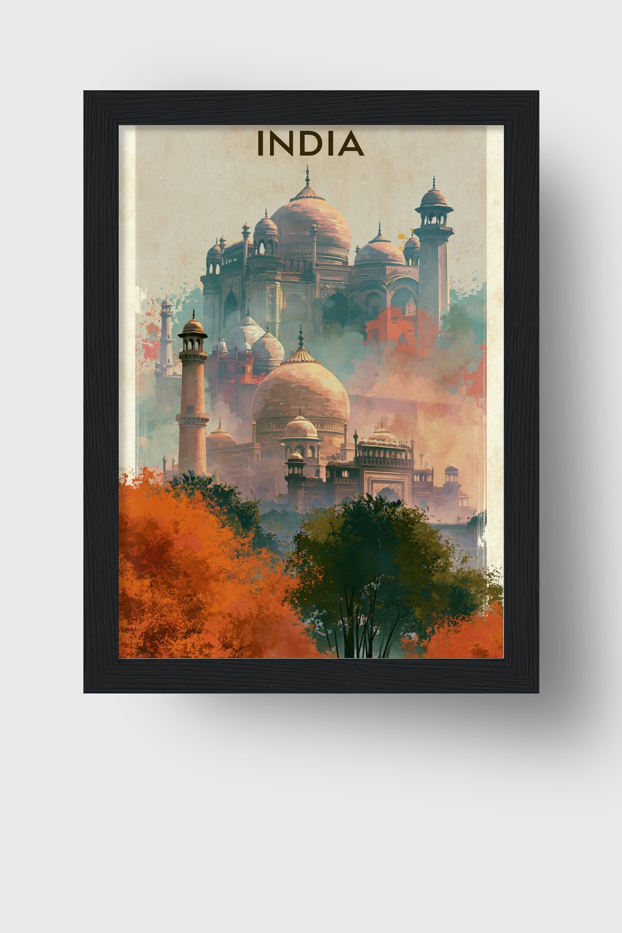 Illustration Poster Taj Mahal Kuppeln Herbstfarben orange grün