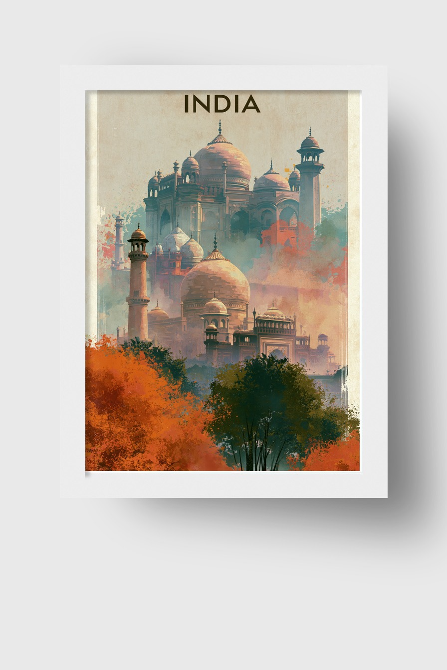 Illustration Poster Taj Mahal Kuppeln Herbstfarben orange grün