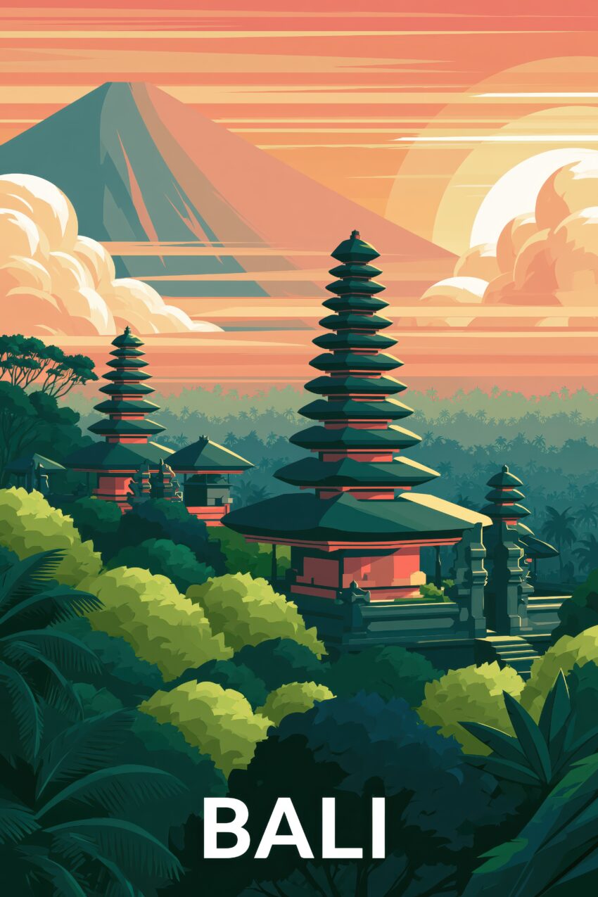 Illustration Poster Tempel Bali Sonnenuntergang orange grün