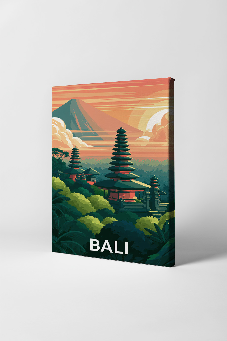 Illustration Poster Tempel Bali Sonnenuntergang orange grün