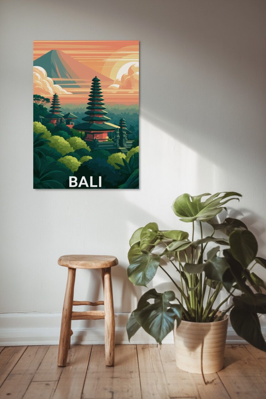 Illustration Poster Tempel Bali Sonnenuntergang orange grün