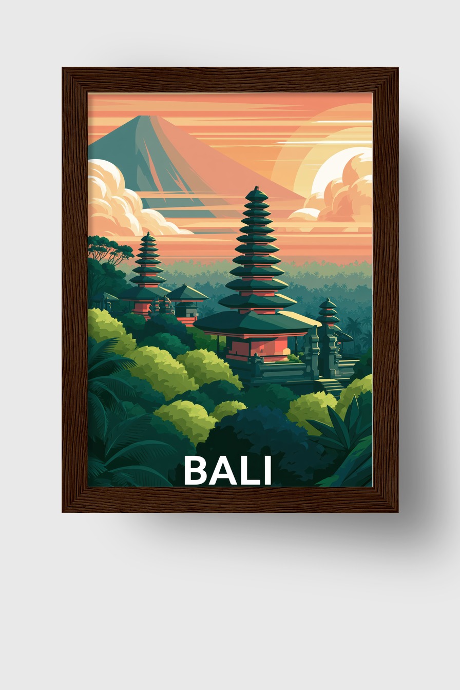 Illustration Poster Tempel Bali Sonnenuntergang orange grün