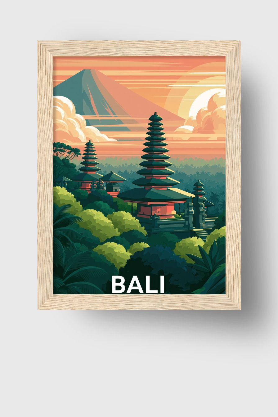 Illustration Poster Tempel Bali Sonnenuntergang orange grün