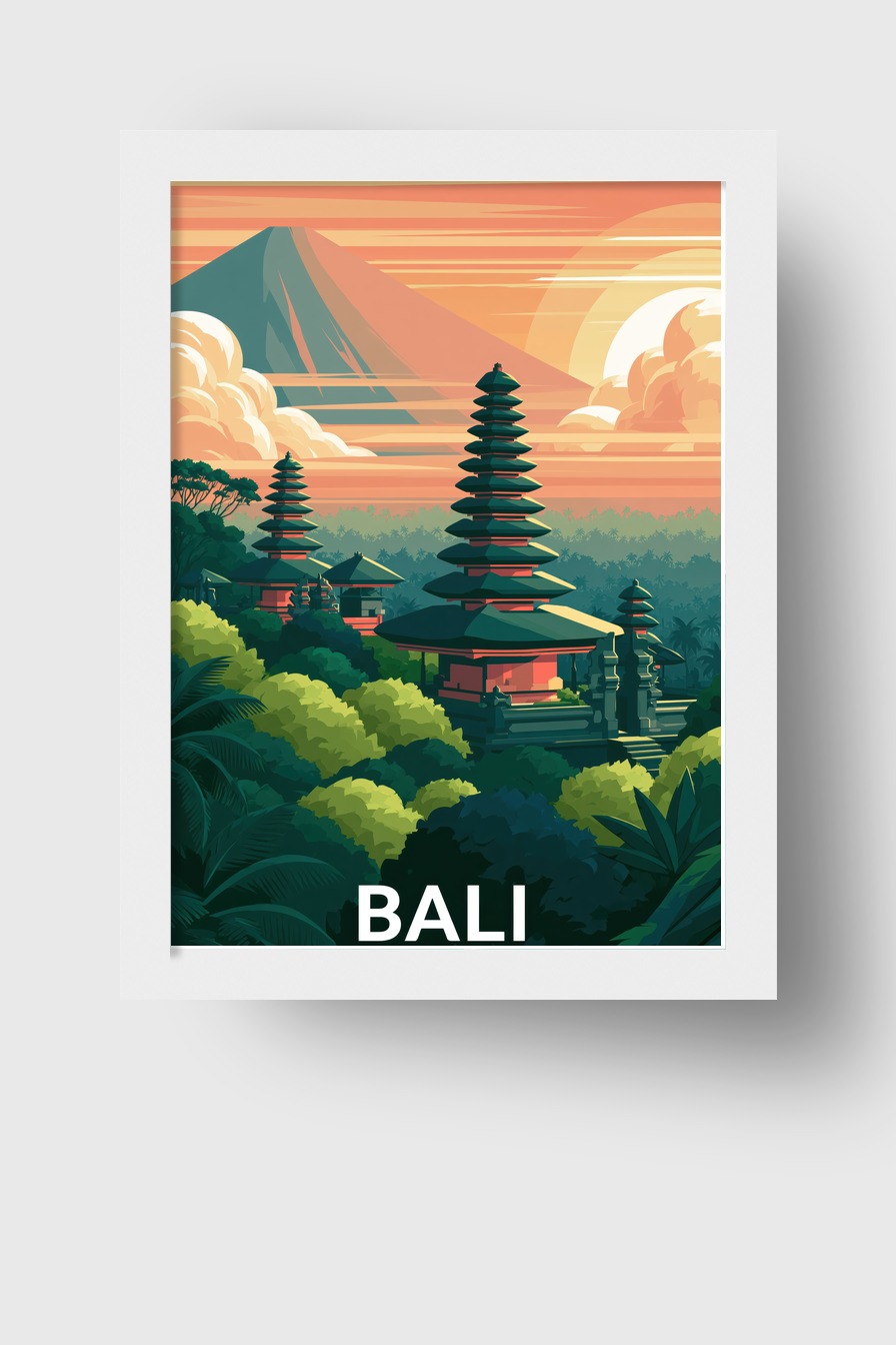 Illustration Poster Tempel Bali Sonnenuntergang orange grün