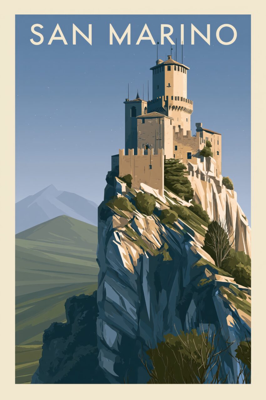 Illustration Poster Burg auf Felsen San Marino klarer Himmel